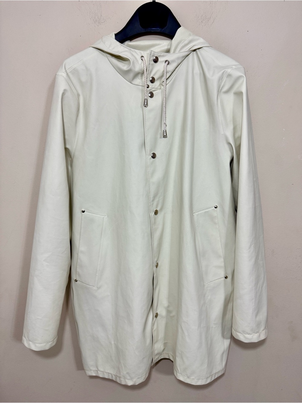 Stutterheim Off-White Hooded Raincoat Women Size S Utility Minimalist Outdoor